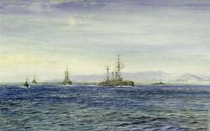 HMS "Albemarle", i Firth of Moray (Skottland), en triangelformad ingång till Nordsjön, detta krigsfartyg tjänstgjorde under första världskriget som patrullbåt för kanalflottan och tjänstgjorde sedan som isbrytare för att hjälpa Archangel 1916 av William Lionel Wyllie