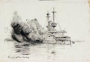 HMS "Canopus" vid Port Stanley, avfyrar de inledande salvorna i slaget om Falklandsöarna, 8 december 1914 (penna  bläck, med svart tvätt, på kort) av William Lionel Wyllie
