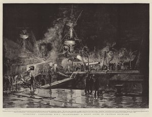Övertid, avslutar HMS Magnificent, en nattscen i Chatham Dockyard av William Lionel Wyllie