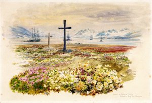 Search Bay (Research Bay, Tasmanien, Australien), två kors planterade i blomsterrabatter med fartyg i fjärran. Akvarell av William Lionel Wyllie