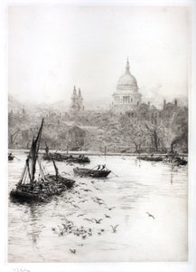 Sjöfart och måsar under St Pauls (akvarell) av William Lionel Wyllie