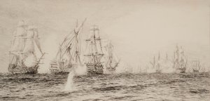 Fartyg, fyramastade, engagerade i strid av William Lionel Wyllie