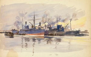 Skiss av handelsfartyg i hamn, sent 1800-tal till tidigt 1900-tal (akvarell) av William Lionel Wyllie
