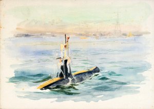 Studie av en ubåt av A-klass under gång, möjligen i Portsmouths hamn, tidigt 1900-tal (akvarell, grafit) av William Lionel Wyllie