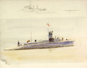 Ubåt J.5 och grov skiss av annat stridsfartyg, tidigt 1900-tal (akvarell, grafit) av William Lionel Wyllie