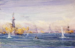 Slaget vid Dardanellerna (1915) (Turkiet), under Gallipolifälttåget, i Marmarasjön. Akvarell, ca 1915 av William Lionel Wyllie (1851-1931). av William Lionel Wyllie