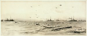 Den tyska högsjöflottan inlåst i Scapa, ca 1918 (tvätt, grått, förhöjt med vitt) av William Lionel Wyllie