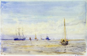 Hamble River (England) och båtliv. Akvarell, sent 1800-tal, av William Lionel Wyllie (1851-1931). av William Lionel Wyllie