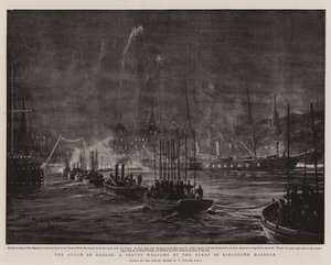 Drottningen i Dublin, ett vackert välkomnande av flottan i hamnen i Kingstown av William Lionel Wyllie