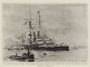 Salving av HMS Howe, det handikappade slagskeppet som passerar Medway på väg till Chatham Dockyard av William Lionel Wyllie