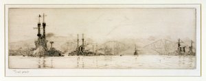 De amerikanska slagskeppen "New York" och "Texas" utanför Rosyth, ca 1918 (etsning, bearbetad med grafit) av William Lionel Wyllie