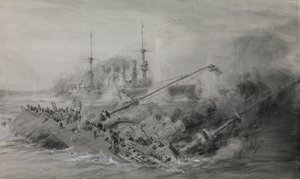De sista av "Scharnhorst" och "Gneisenau"; slaget vid Falklandsöarna, 8 december 1914, ca 16.15, ca 1915-18 (lav, grått, förstärkt med vitt) av William Lionel Wyllie