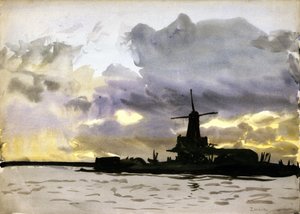 Väderkvarnen i Zaandam, norr om Amsterdam (Nederländerna). Akvarell av William Lionel Wyllie
