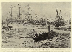 Vy över ingången till kanalen i Holtenau, med till vänster modellen av den tredäckare i vilken den kejserliga banketten ägde rum. av William Lionel Wyllie