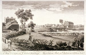 Väster utsikt över Chelsea Bridge, London, c1760 av William Lodge
