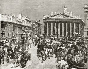 Bank of England och Royal Exchange under artonhundratalet, från "London Pictures: Drawn with Pen and Pencil", av pastor Richard Lovett, publicerad 1890