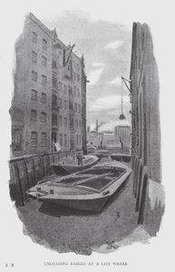 Lossa pråmar vid en stadsbrygga (litho) av William Luker