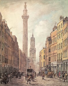 Vy över Fish Street Hill, monumentet och St Magnus the Martyr från Gracechurch Street, London, 1795 (handkolorerat gravyr)
