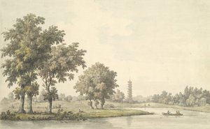 Utsikt över sjön och ön från gräsmattan i Kew, 1763. av William Marlow
