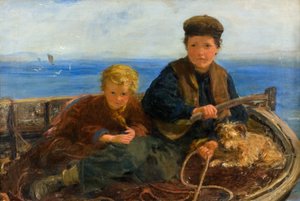 Två pojkar och en hund i en båt, ca 1871 (olja på duk)