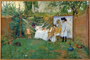 Frukost utomhus omkring 1888 Unga kvinnor i en trädgård, en av henne ligger i en hängmatta. Målning av William Merritt Chase (1849-1916) 1888 Toledo. Museum of Arts av William Merritt Chase