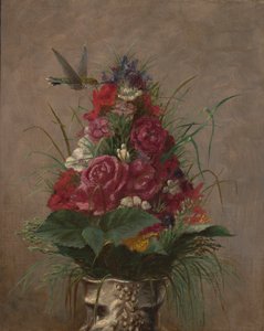 Blommigt stilleben med kolibri av William Merritt Chase