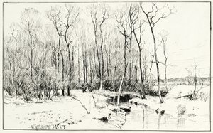 Utan titel, vinterlandskap (penna och bläck på papper) av William Merritt Chase
