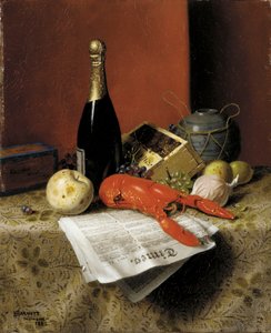 Stilleben med hummer, frukt, champagne och tidning, 1882