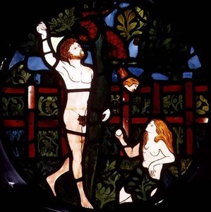 Adam och Eva plockar frukt, detalj från skapelsefönstret av William Morris