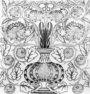 "The Flower Pot", broderad panel designad av William Morris (1834-96) och utförd av May Morris (svartvitt tryck) av William Morris