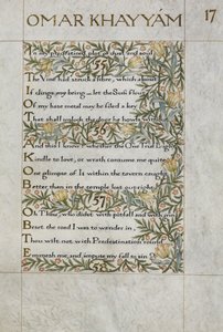 Rubaiyat av Omar Khayyam; verserna 55-57. Kalligrafiskt skriven och dekorerad av William Morris, med bårder av bladverk och blommor av William Morris