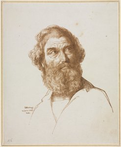 Huvudet på en skäggig man som stirrar till vänster om honom av William Mulready