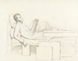 Självporträtt av konstnären liggande på en gotisk soffa och läser en bok av William Mulready