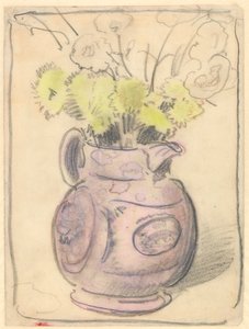 Vas med blommor: gula krysantemum i en lysterkanna (svarta och färgade kritor på papper)