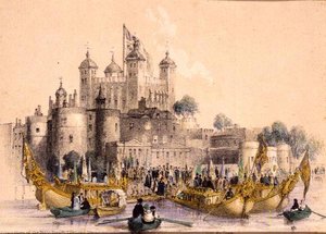 Ombordstigning av höger Hon. Lord Mayor i Tower of London (litho) av William Parrott