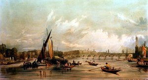 Waterloo Bridge från väst med en båtkapplöpning (litho) av William Parrott