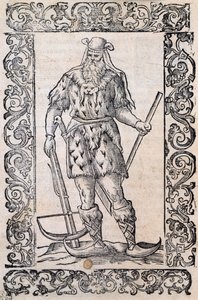 Man med pälsklänning, armborst och skor med vriden spets (exempel på rudimentära skidor), illustration tillskriven Cesare Vecellio (1521-1601), publicerad i Italien på 1500-talet av Nicolas Toussaint Charlet