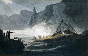 Stenig kustscen (akvarell på papper)
