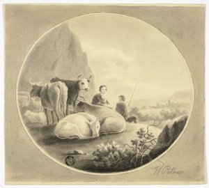 Boskapsskötare, kor och får i landskap av William Pether