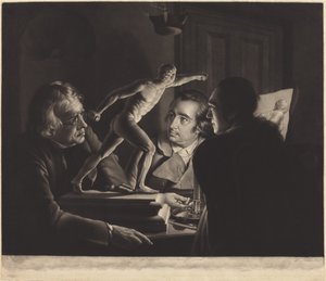 Tre personer som tittar på gladiatorn i levande ljus av William Pether after Joseph Wright
