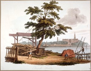 Men flyttar timmer vid Bankside, Southwark, London, c1810