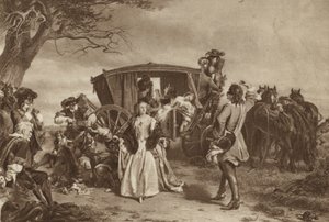 Familj hålls uppe av den franske landsvägsmannen Claude Duval (litho)