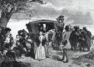Stöldliggaren Claude Duval avbildad i det legendariska ögonblicket då han vägrar att ta med sig hela sitt byte om hustrun till hans offer dansar en "courante" med honom på Hounslow Heath (gravyr).
