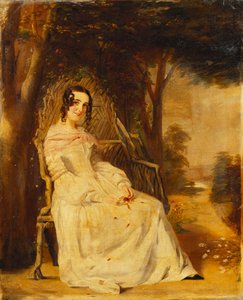Porträtt av Mary Freer sittande liten i full längd på en trädgårdssits, av William Powell Frith