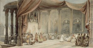 Européer som underhålls av dansare och musiker i ett fantastiskt indiskt hus i Calcutta under Durga puja av William Princep