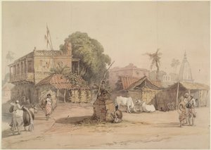 Byscen med ett litet "tulsi"-altare och en vattenbärare med sin tjur, Indien ca 1830-40