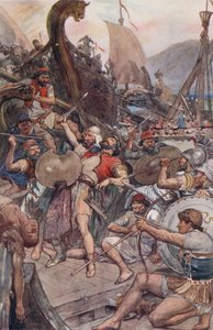 Den persiske amiralens död i Salamis (färg litho)