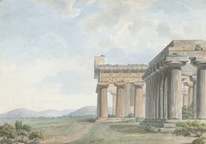 Utsikter i Levanten: Tempelruinerna i Paestum, ca 1785 (wc med penna och bläck över grafit på papper) av William Reveley