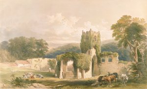 Mount Grace Priory, kyrkans utsida, från "The Monastic Ruins of Yorkshire", graverat av George Hawkins (1819-52), 1842