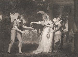 Innan hertigens palats-Rosalind, Celia, Orlando, hertigen..., publicerad första gången 1800, återutgiven 1852. av William Satchwell Leney